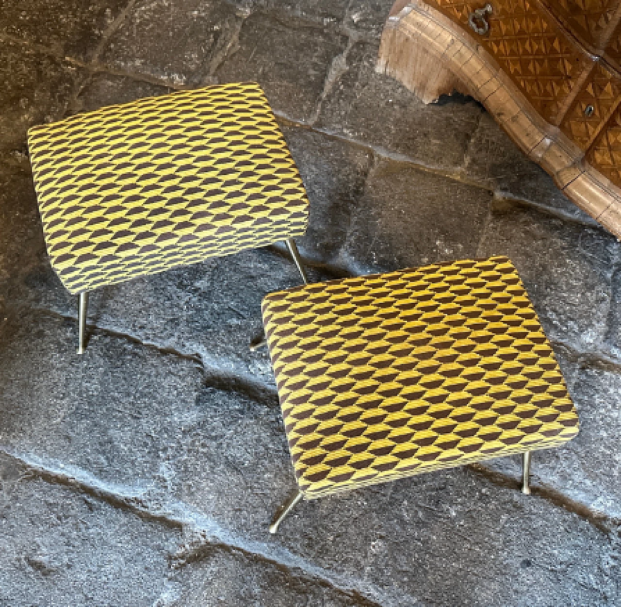 Pair of brass and Dedar fabric stools, 1950s 2