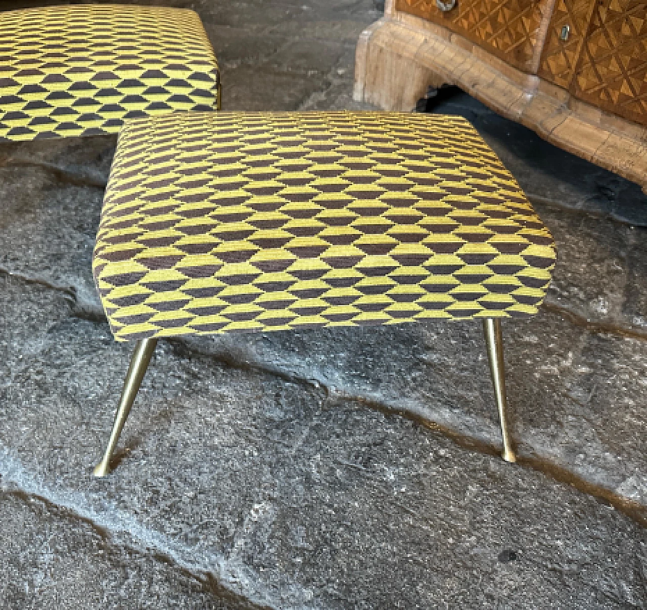 Pair of brass and Dedar fabric stools, 1950s 3