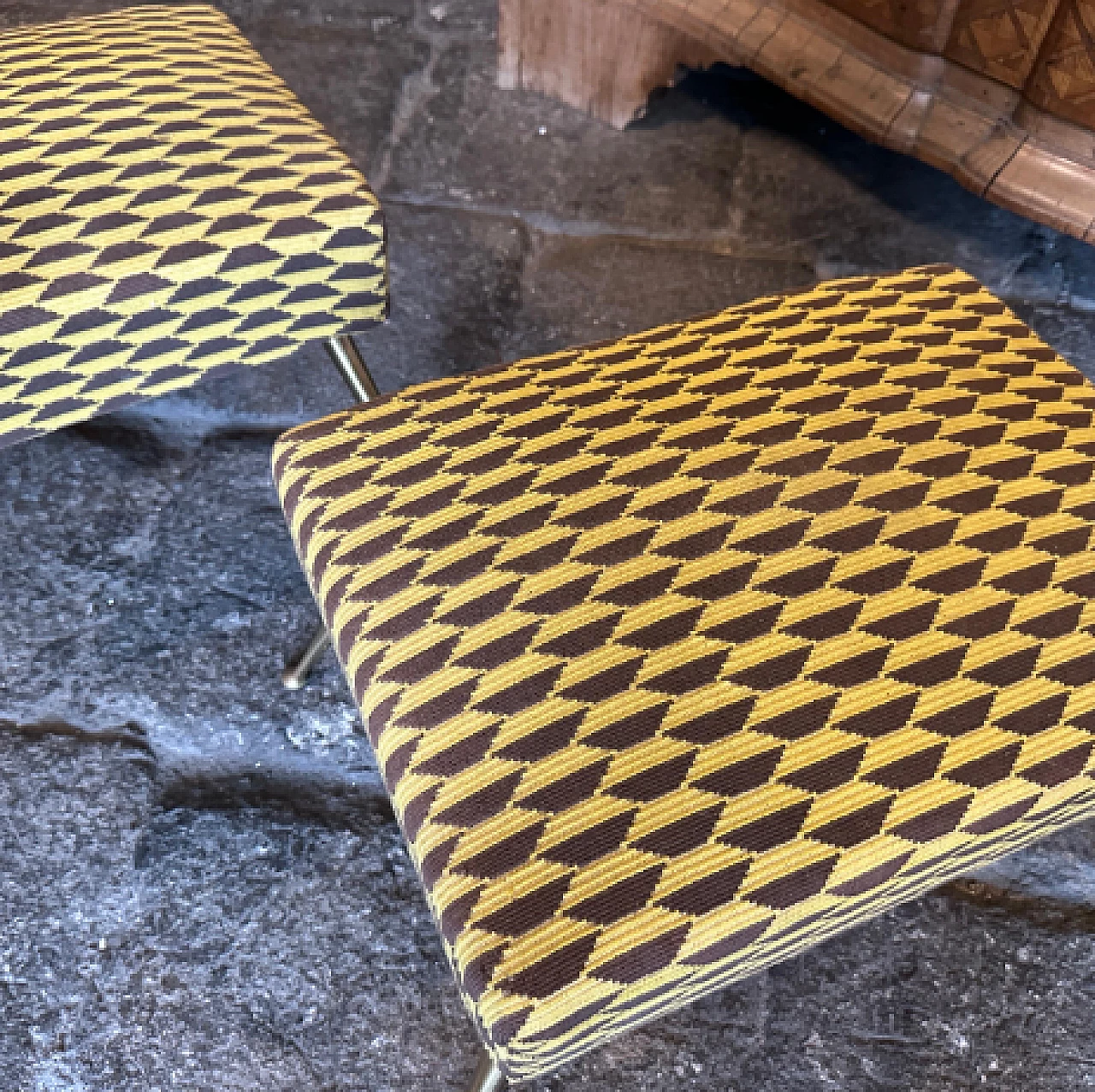 Pair of brass and Dedar fabric stools, 1950s 4