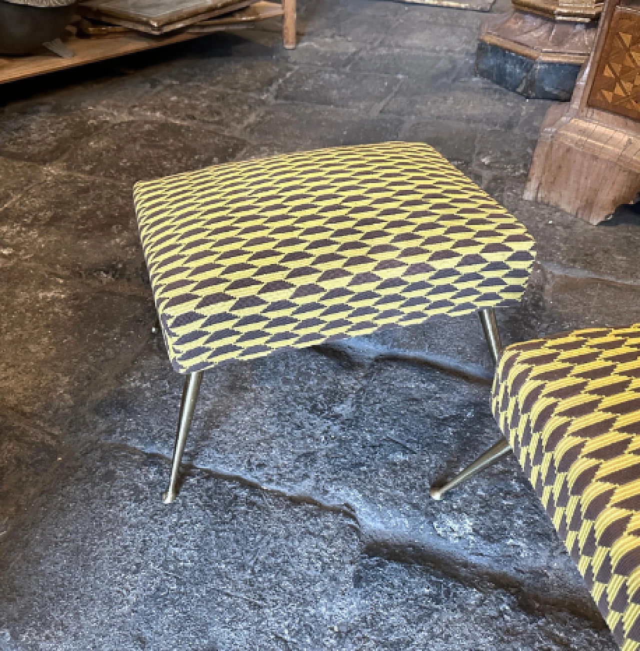 Pair of brass and Dedar fabric stools, 1950s 5