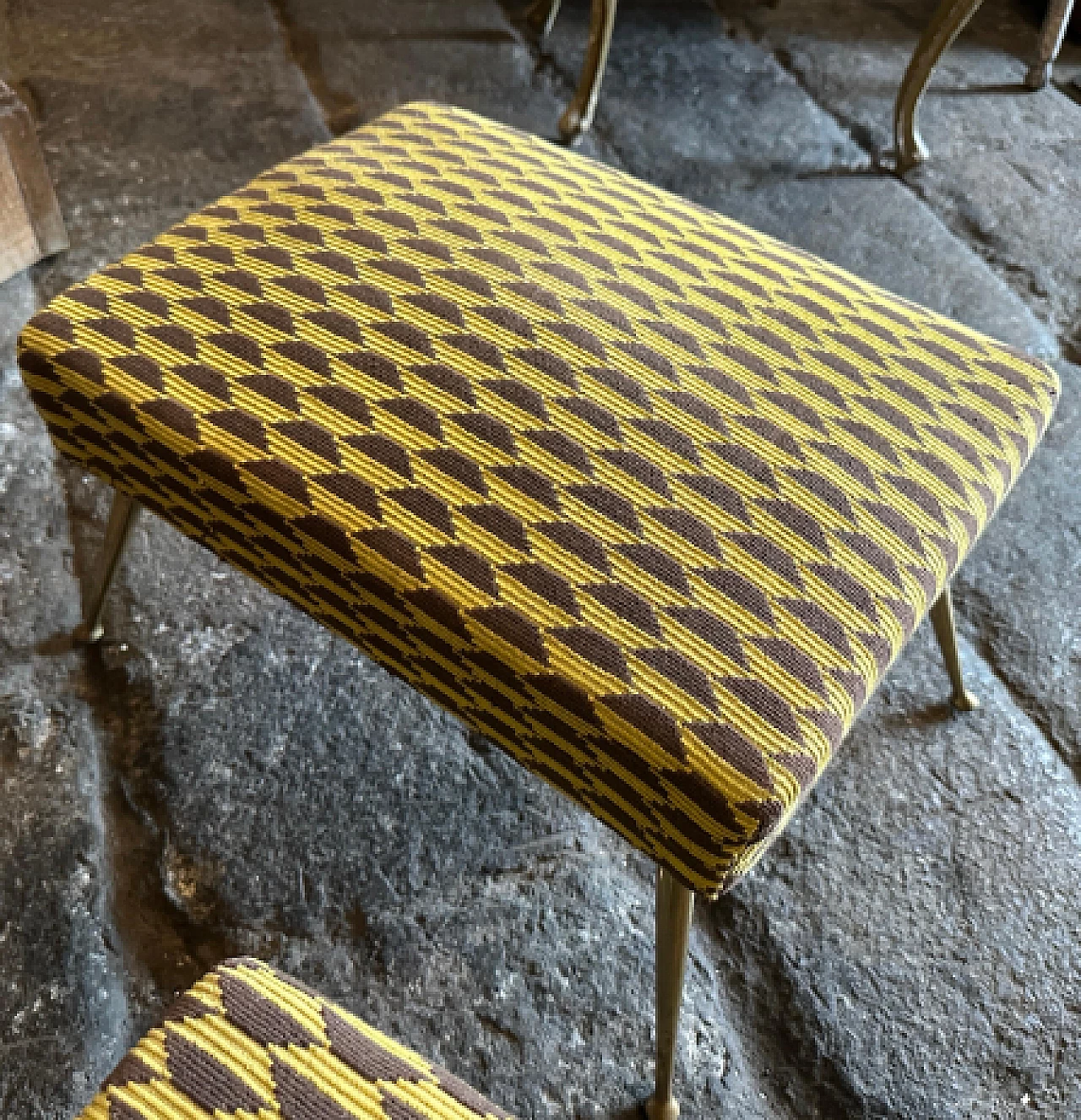 Pair of brass and Dedar fabric stools, 1950s 7