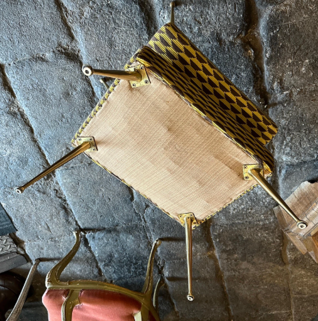 Pair of brass and Dedar fabric stools, 1950s 8