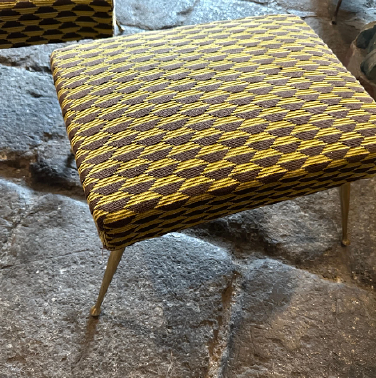 Pair of brass and Dedar fabric stools, 1950s 10