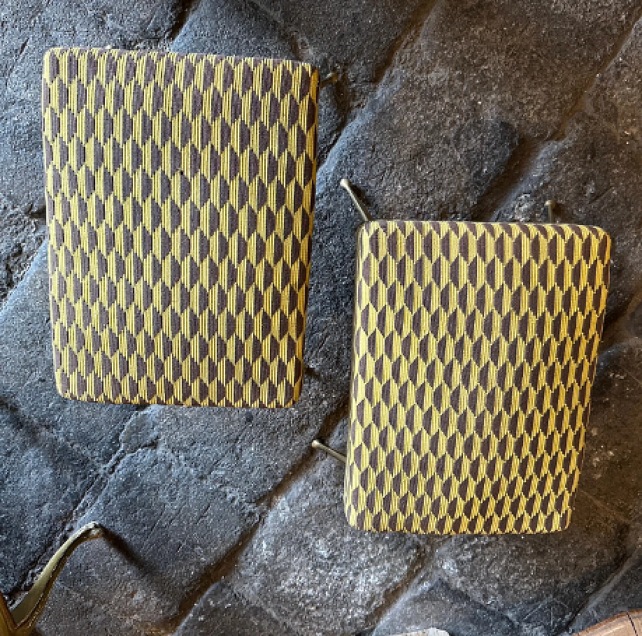 Pair of brass and Dedar fabric stools, 1950s 11