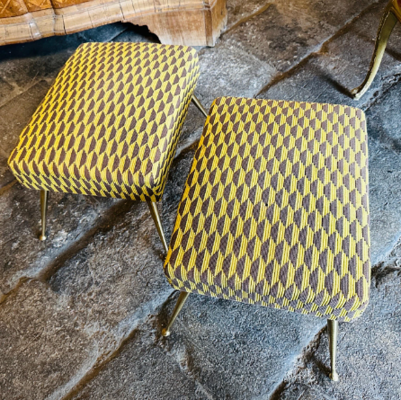 Pair of brass and Dedar fabric stools, 1950s 12