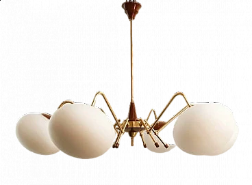 6 Lights Sputnik chandelier in brass and glass, 1970s