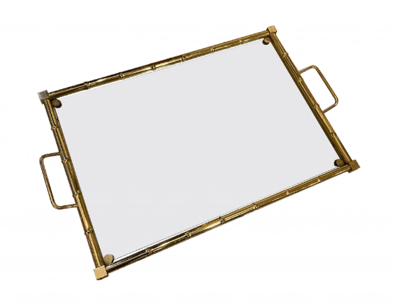 Bamboo-effect brass and glass tray with handles, 1970s 1