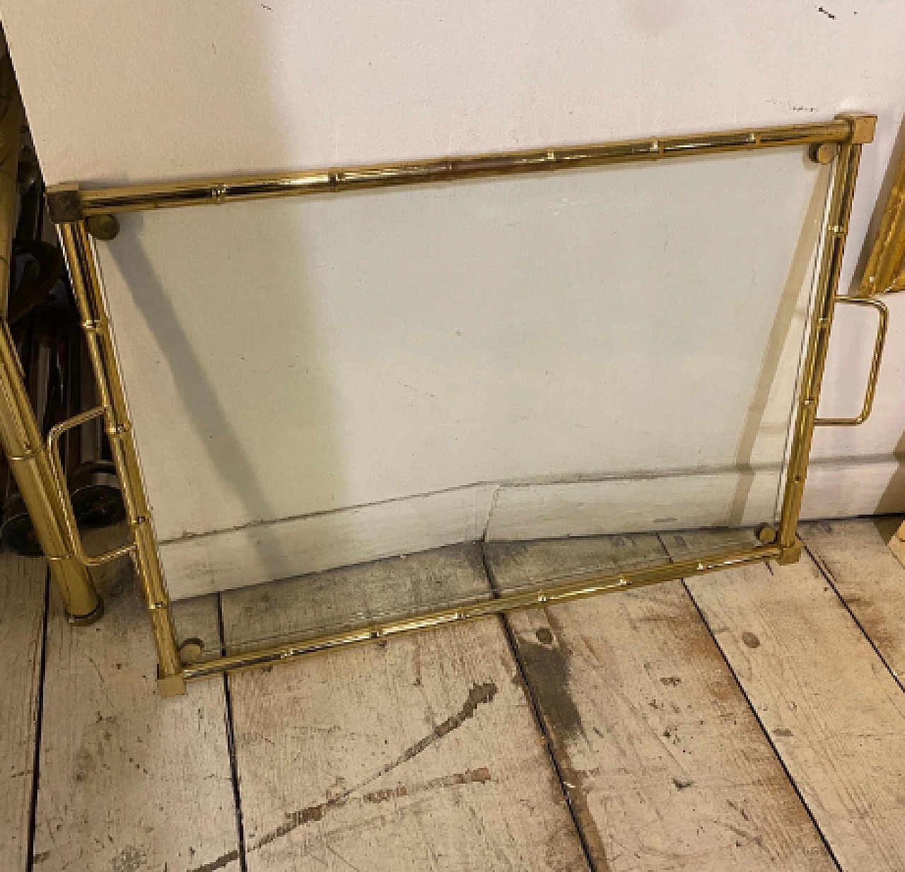 Bamboo-effect brass and glass tray with handles, 1970s 2
