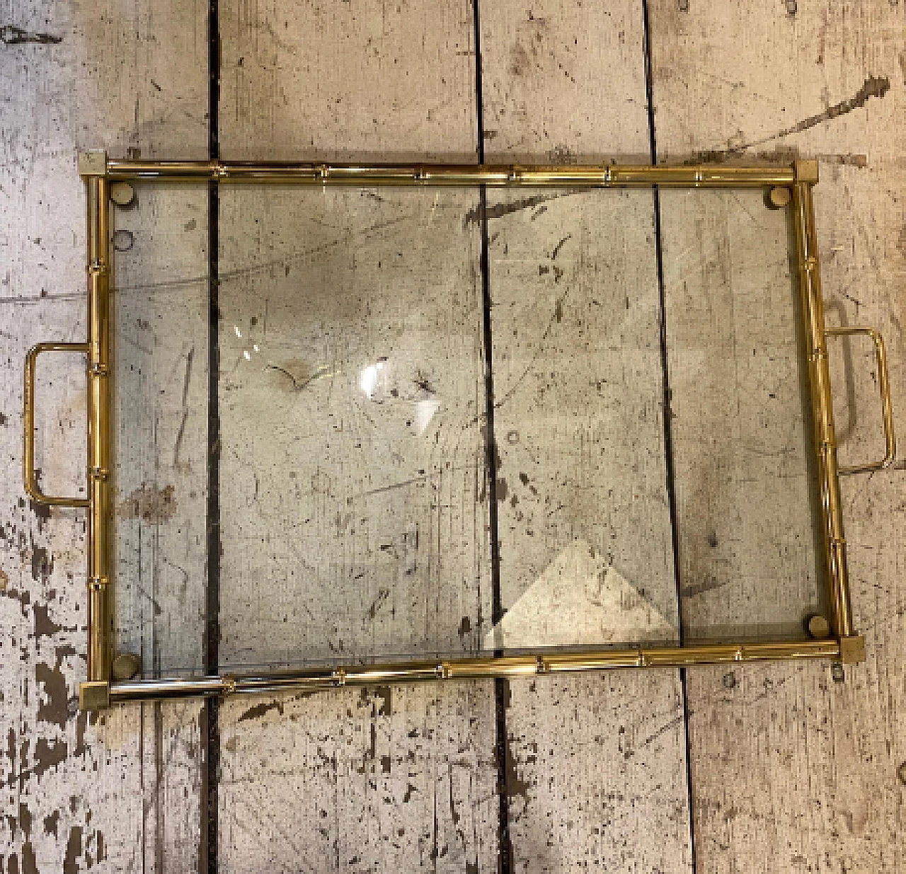 Bamboo-effect brass and glass tray with handles, 1970s 6