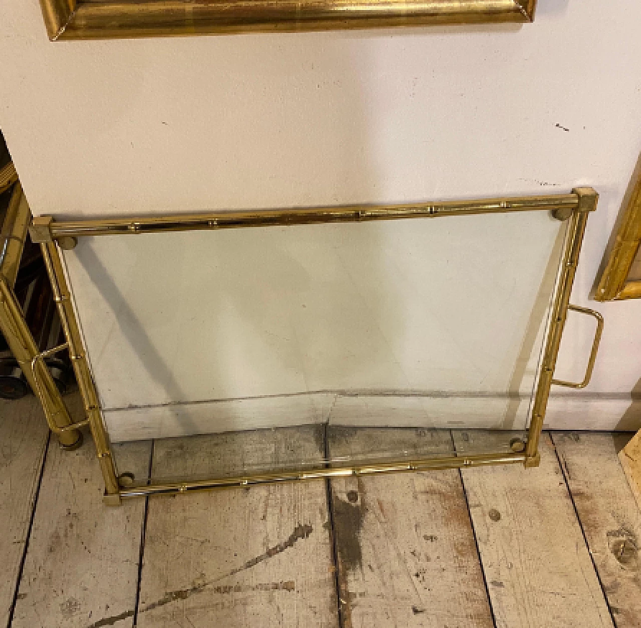 Bamboo-effect brass and glass tray with handles, 1970s 8