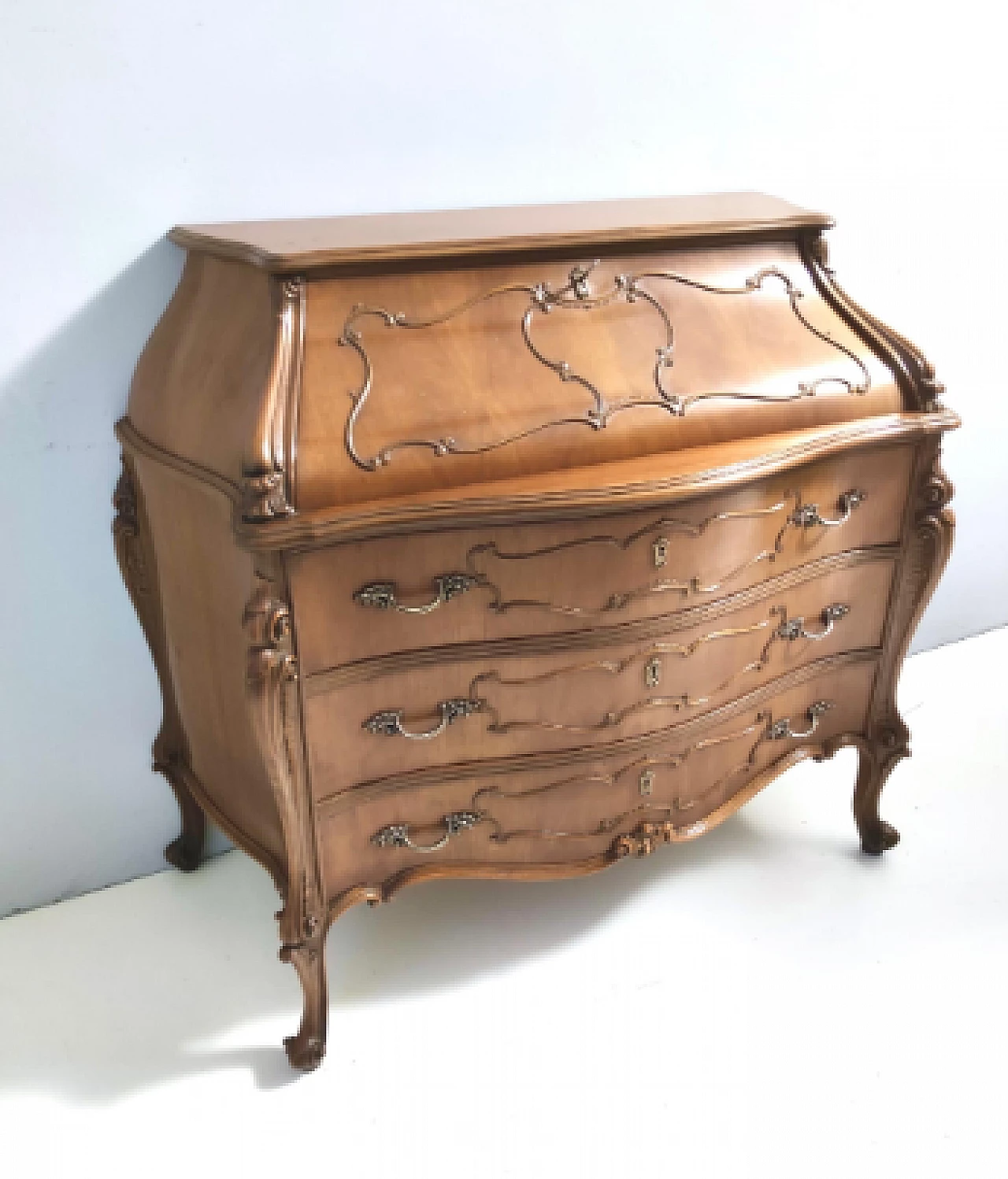 Baroque style solid walnut flap desk, 1960s 3