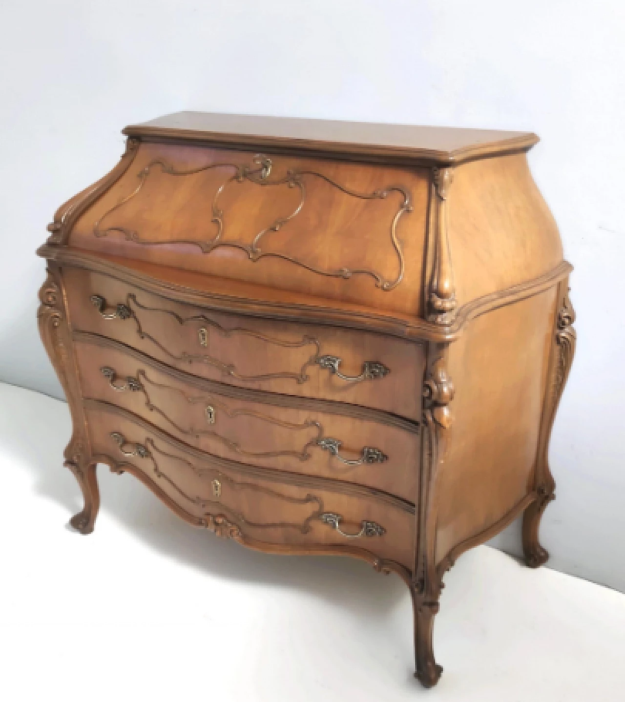 Baroque style solid walnut flap desk, 1960s 4