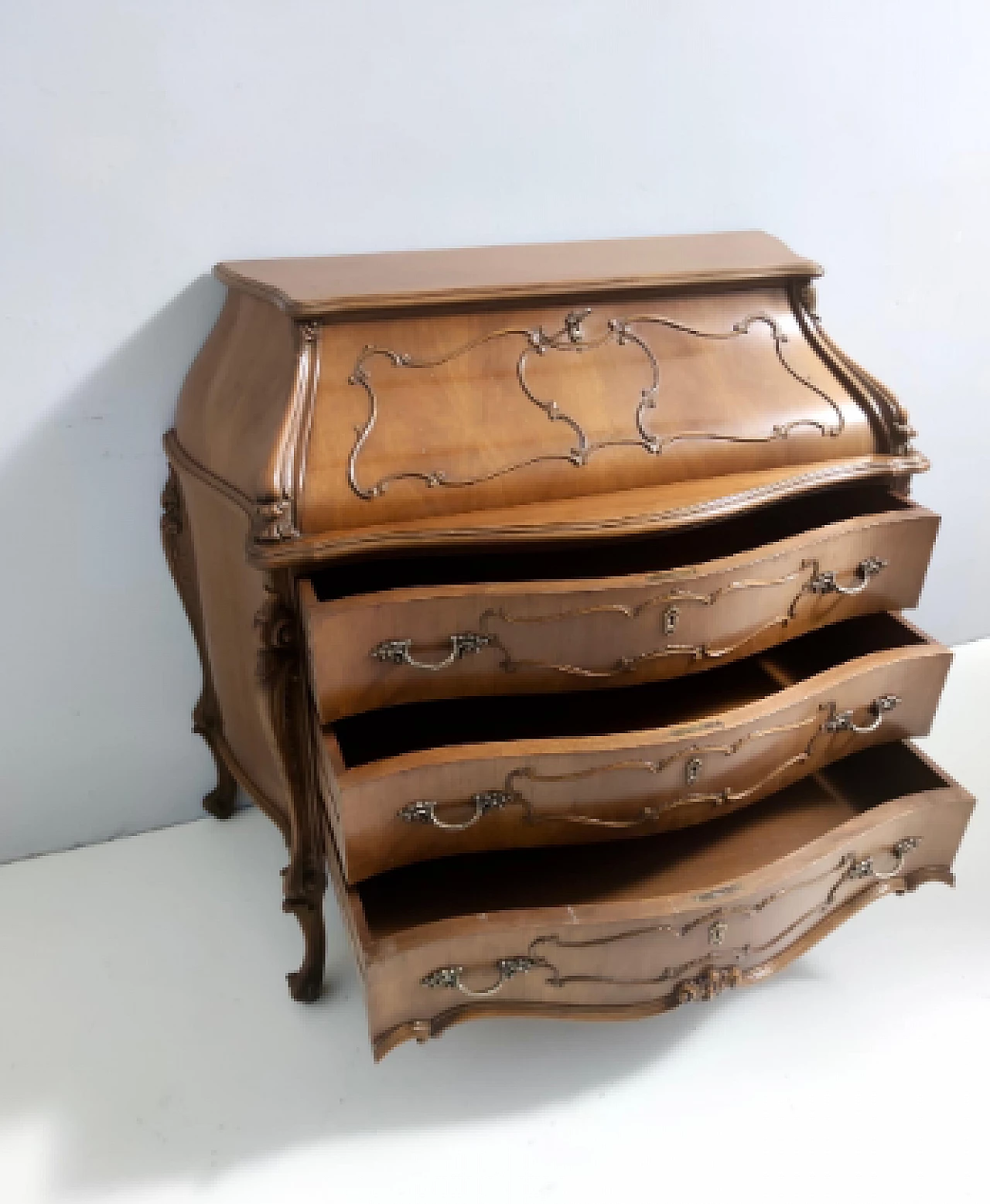 Baroque style solid walnut flap desk, 1960s 6