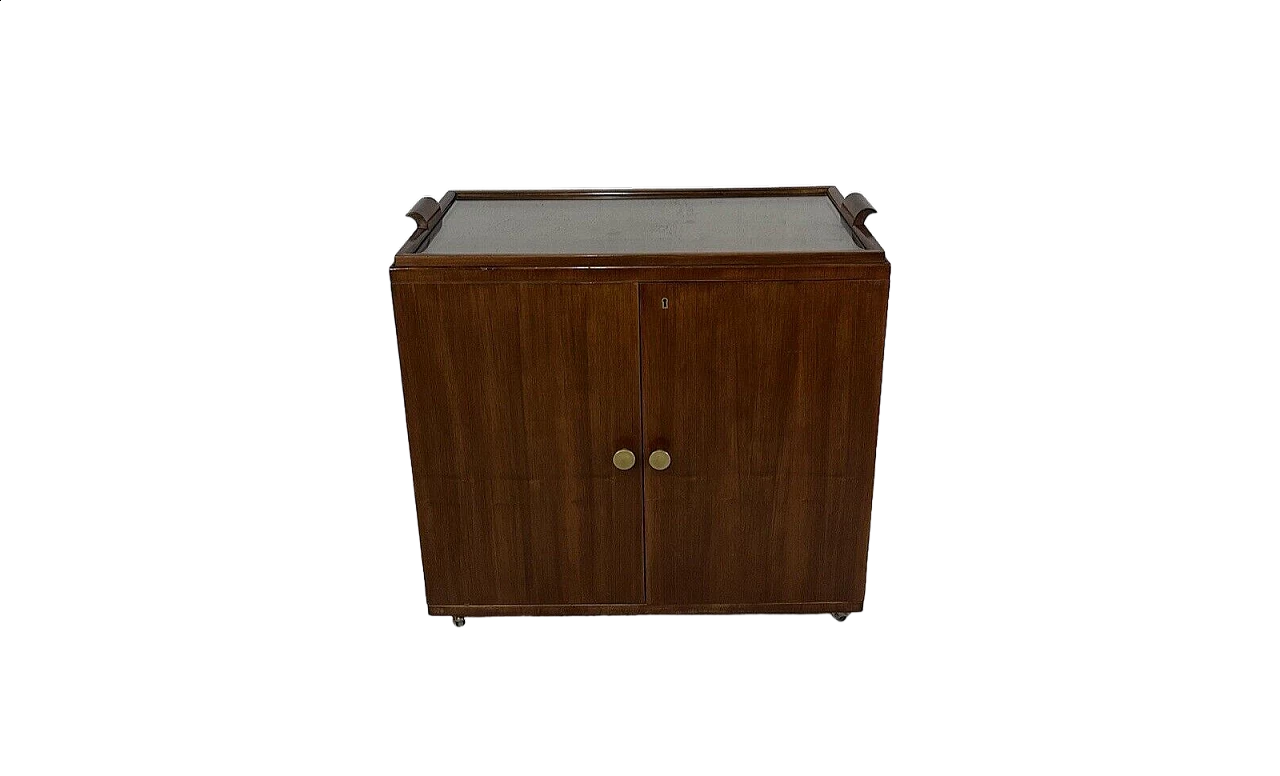 Mobile bar con rotelle in legno, vetro e ottone, anni '70 16