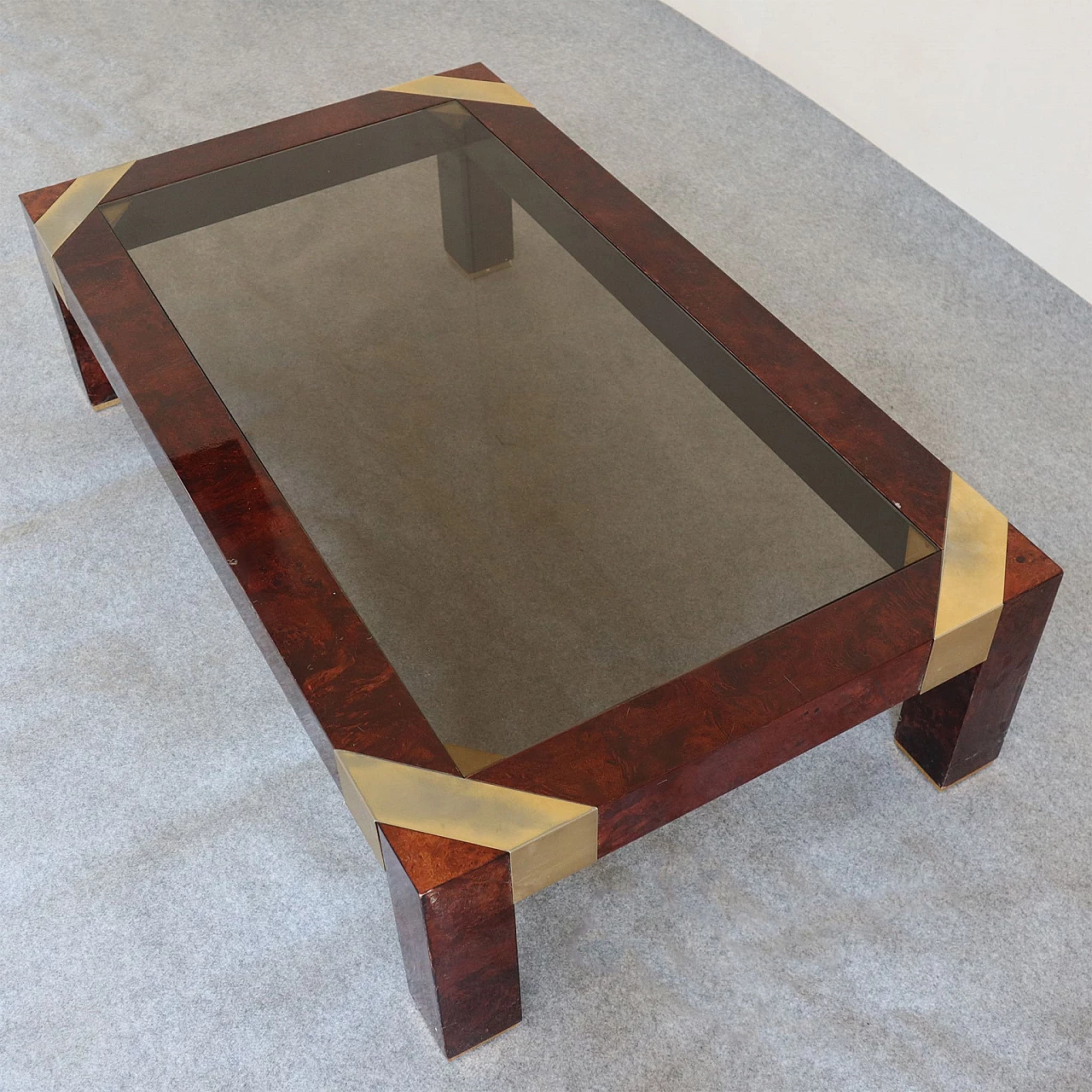 Coffee table in briarwood and brass by Jean Claude Mahey, 1970s 1