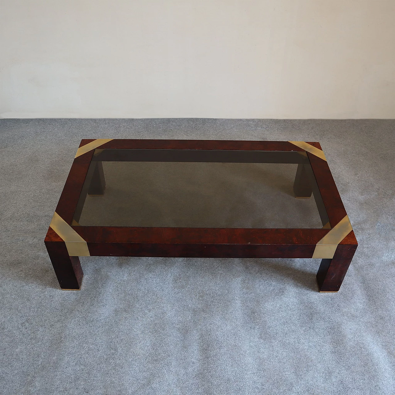 Coffee table in briarwood and brass by Jean Claude Mahey, 1970s 4