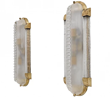 Pair of Art Deco style brass and frosted glass wall lights, 1980s