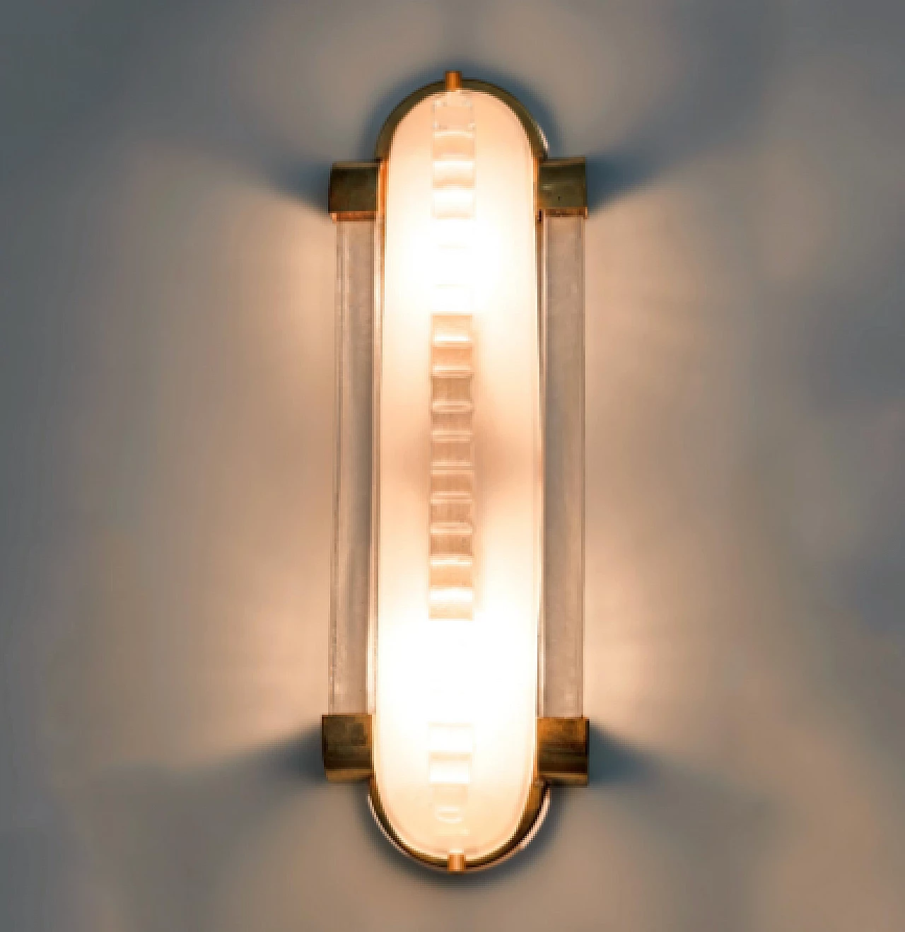 Pair of Art Deco style brass and frosted glass wall lights, 1980s 3