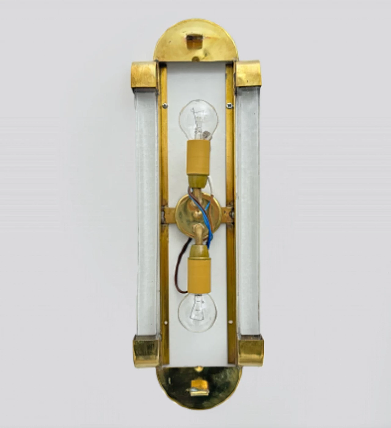 Pair of Art Deco style brass and frosted glass wall lights, 1980s 7