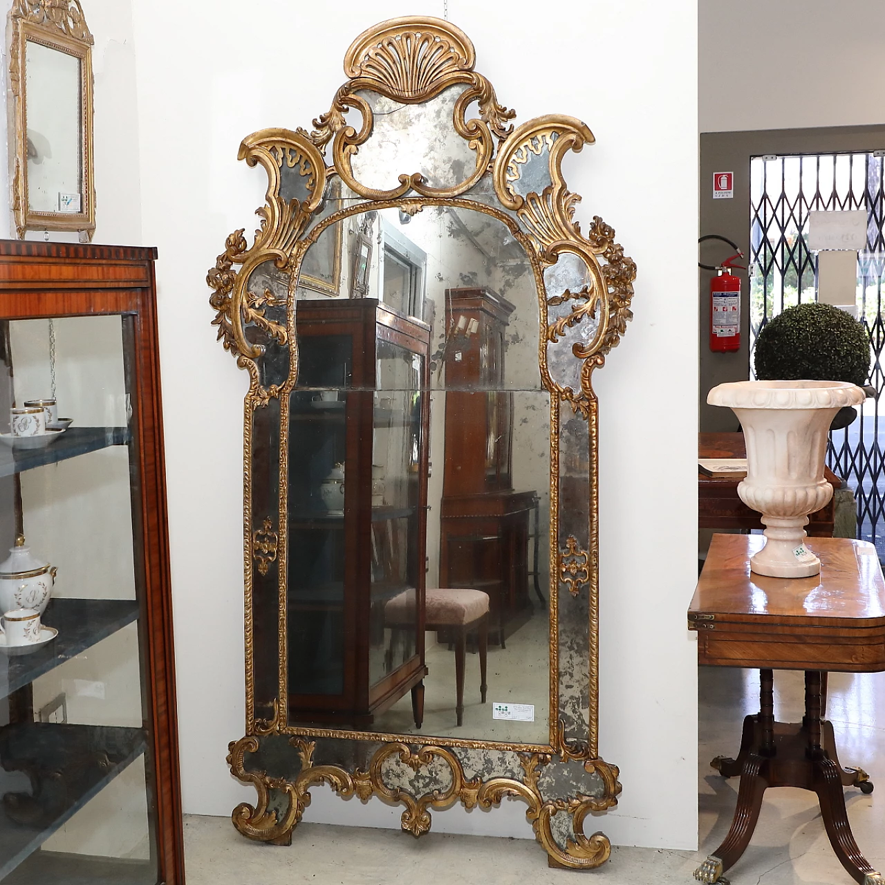 Specchio in legno dorato con cimelio a conchiglia, '800 1