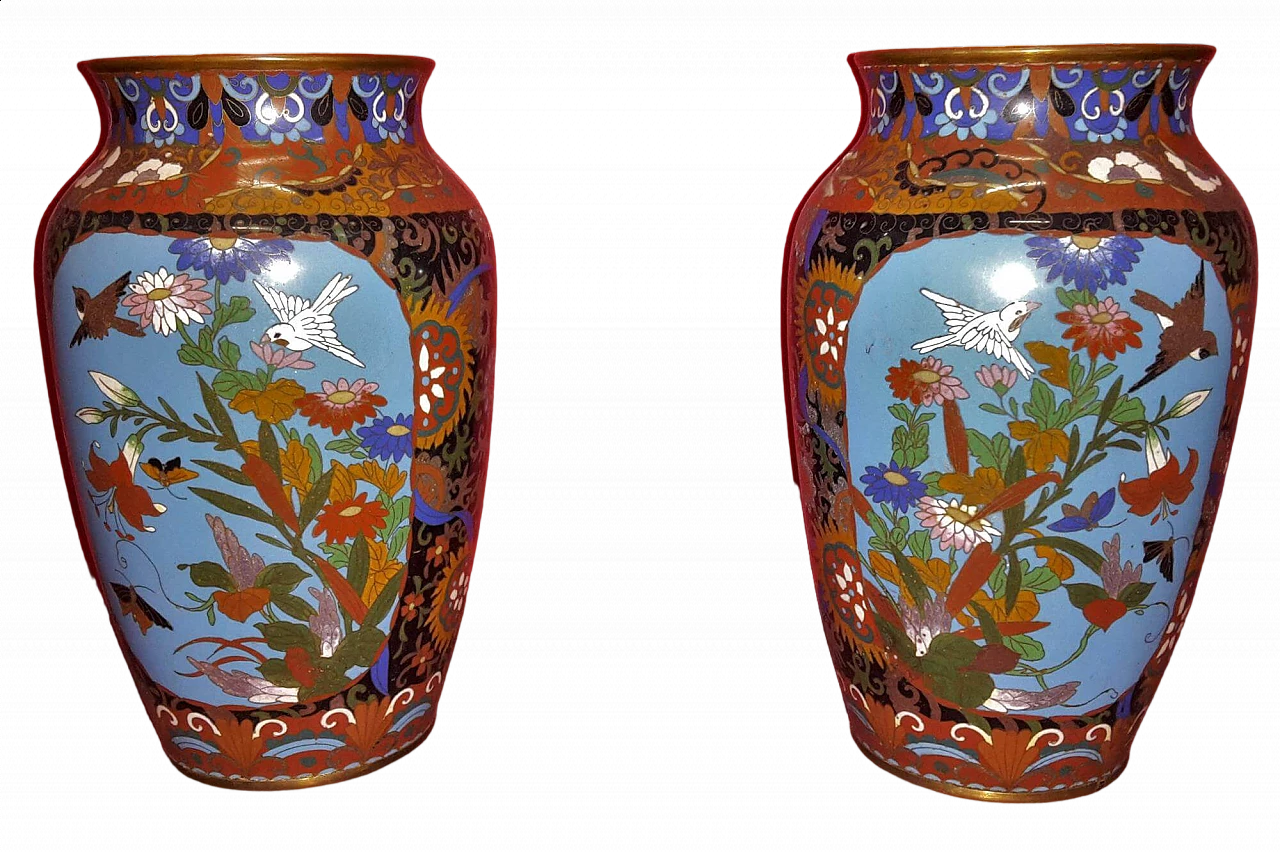 Coppia di vasi in smalto cloisonnè, fine '800 7