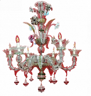 Lampadario a sei luci in vetro soffiato di Murano, inizio '900