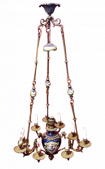 Nine-light majolica and bronze chandelier, second half of 19th century