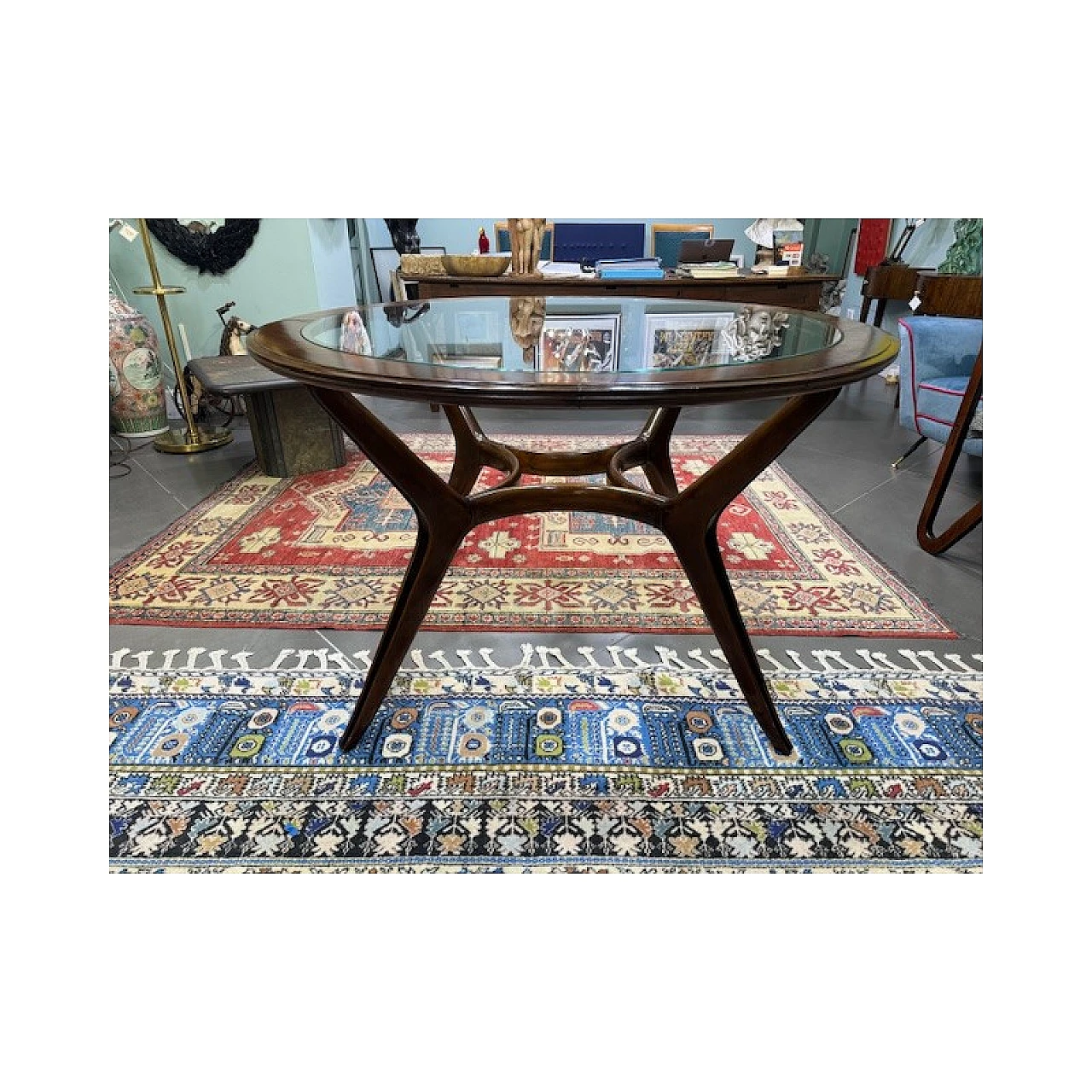 Solid mahogany round table with glass top, 1950s 1