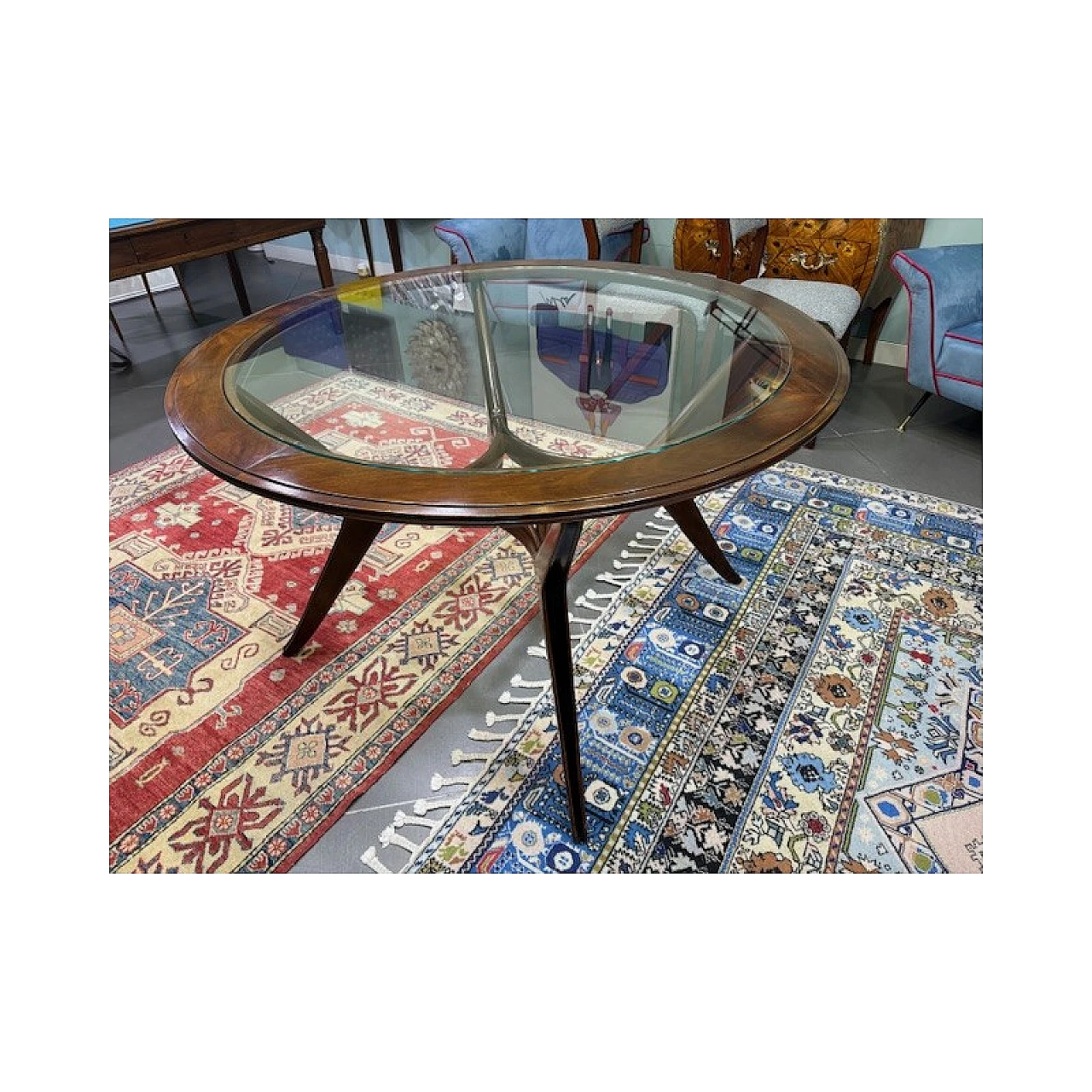 Solid mahogany round table with glass top, 1950s 2