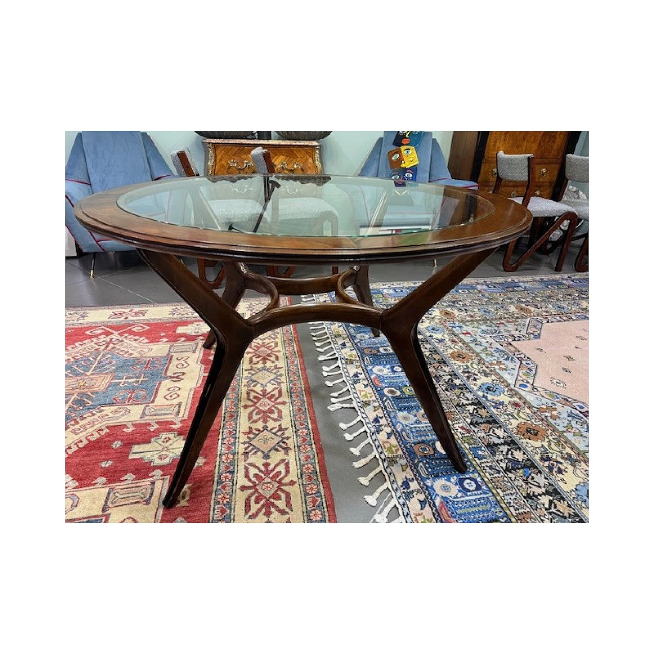 Solid mahogany round table with glass top, 1950s 4