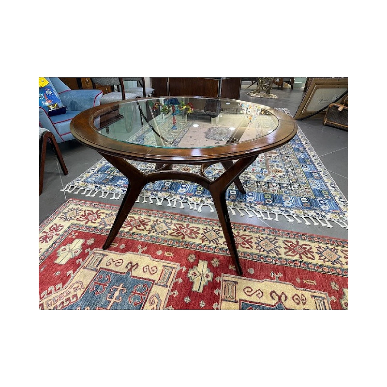 Solid mahogany round table with glass top, 1950s 5