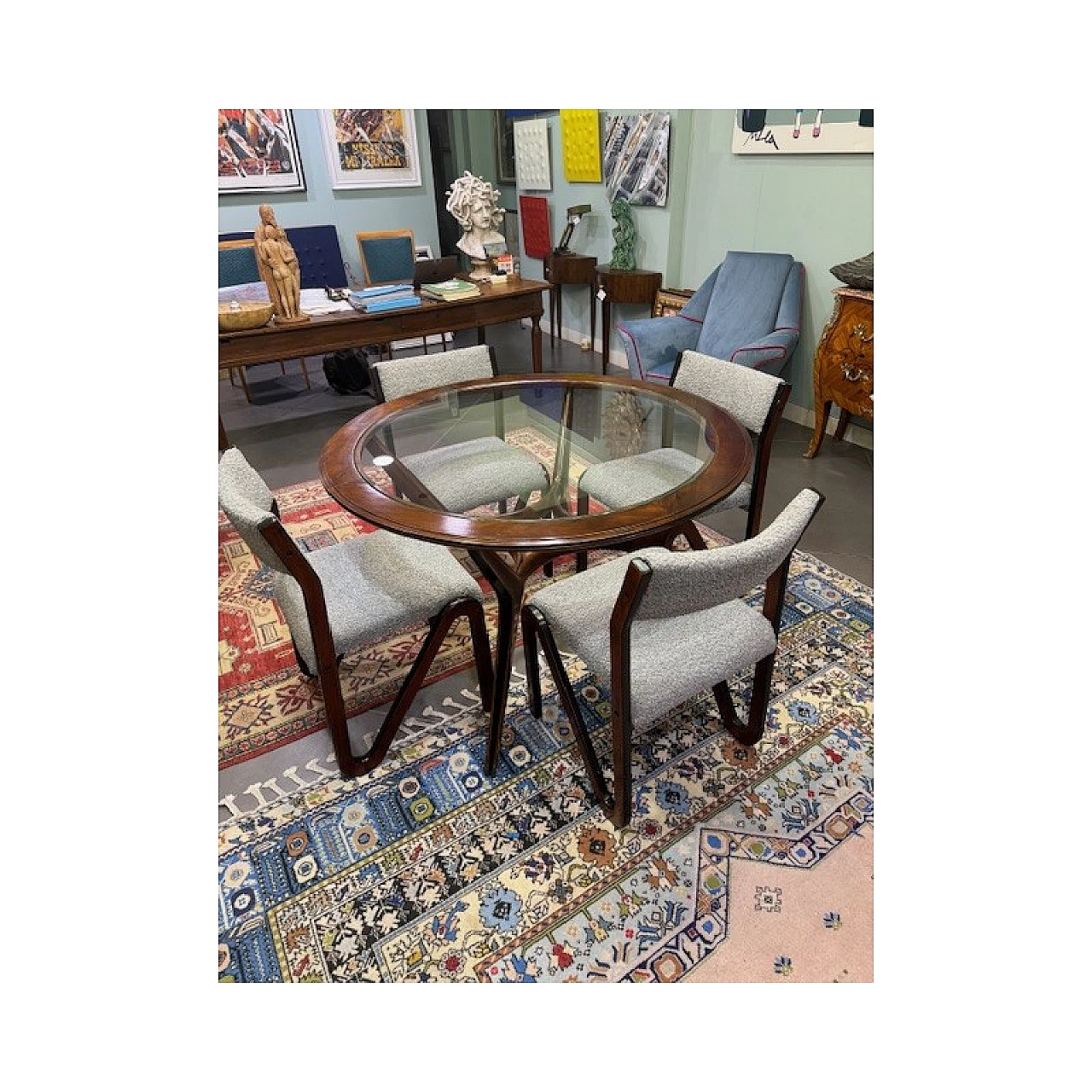 Solid mahogany round table with glass top, 1950s 7