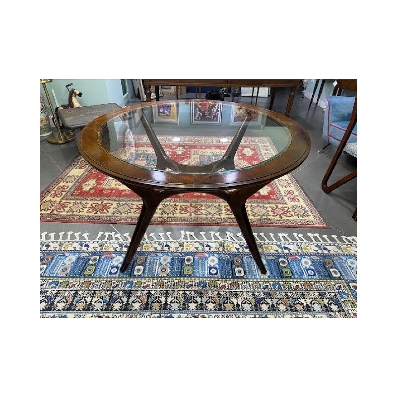 Solid mahogany round table with glass top, 1950s 8