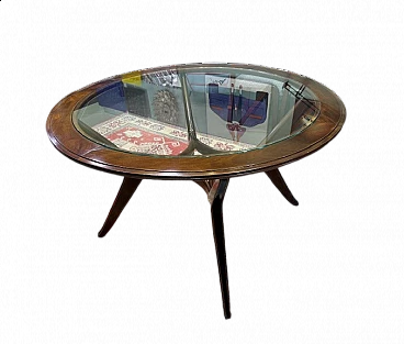 Tavolo tondo in mogano massello con piano in vetro, anni '50