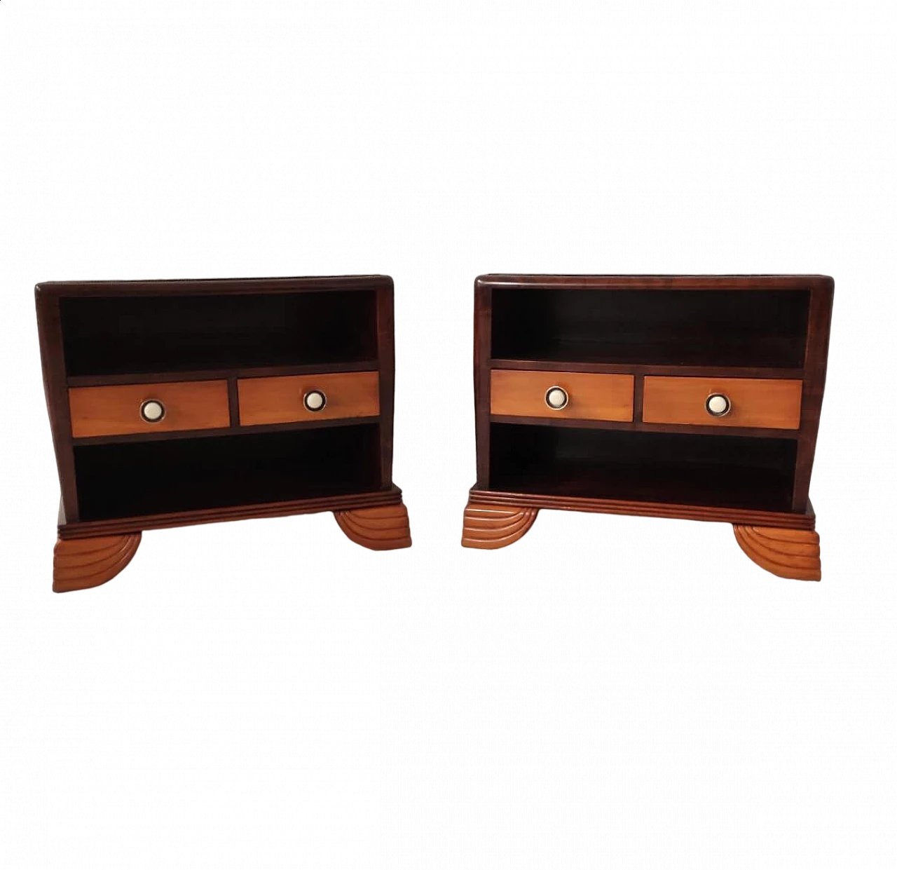 Pair of bedside tables in mahogany and cherry wood, 1930s 8