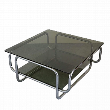 Tubular chromed coffee table with double smoked glass, 1970s