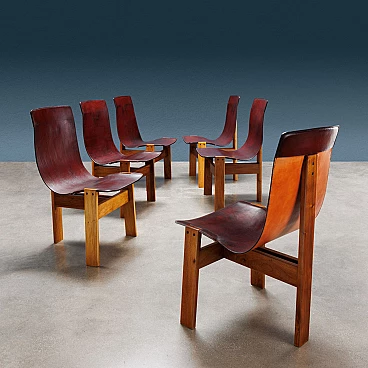 6 Tre 3 chairs in wood and leather by Angelo Mangiarotti for Skipper, 1978