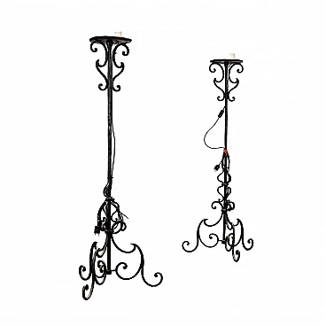 Pair of wrought iron candlesticks, 19th century