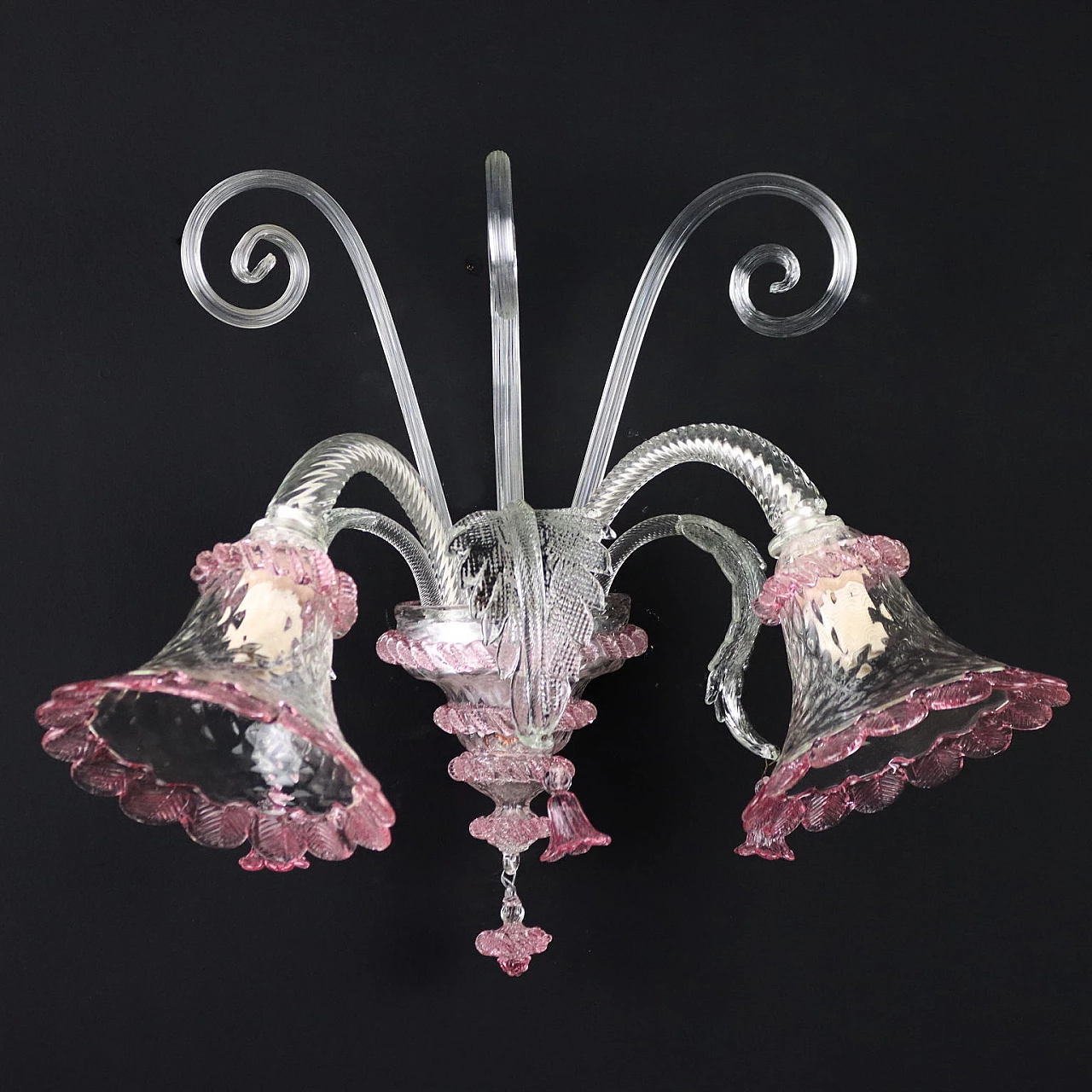 Applique a due luci in vetro di Murano trasparente e rosa 1