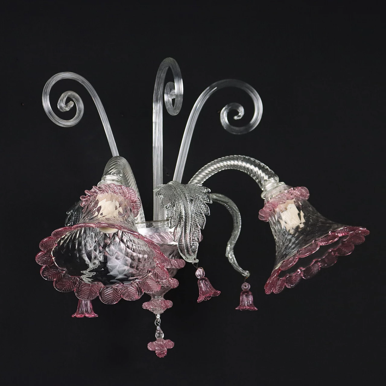 Two-light transparent and pink Murano glass wall lamp 3