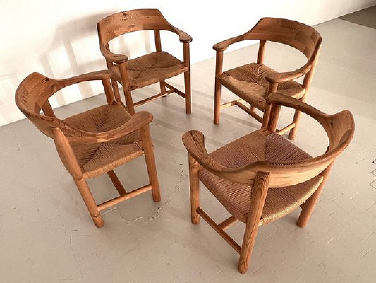 4 Chairs in pinewood and paper cord by Rainer Daumiller, 1970s 2