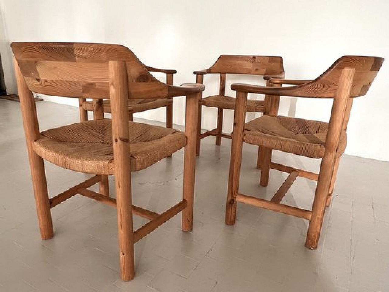 4 Chairs in pinewood and paper cord by Rainer Daumiller, 1970s 3