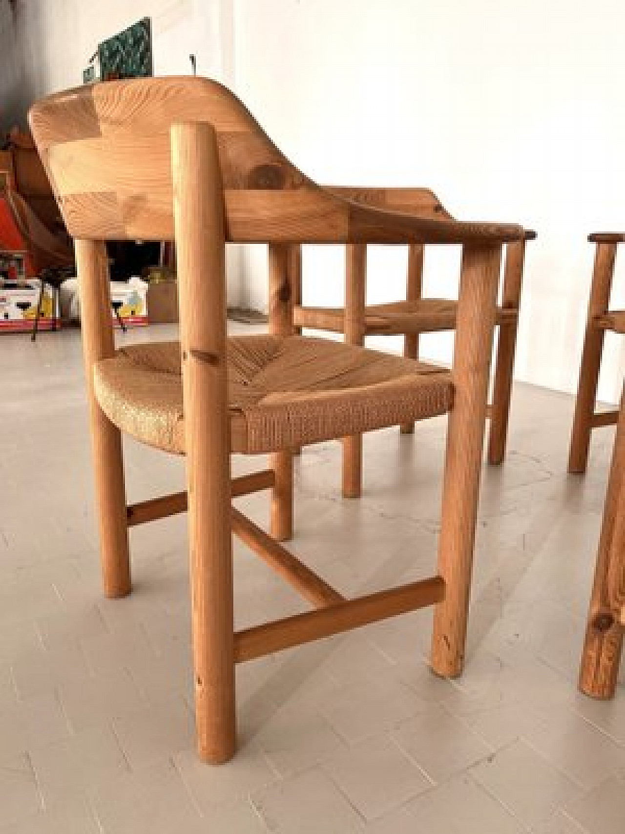 4 Chairs in pinewood and paper cord by Rainer Daumiller, 1970s 4