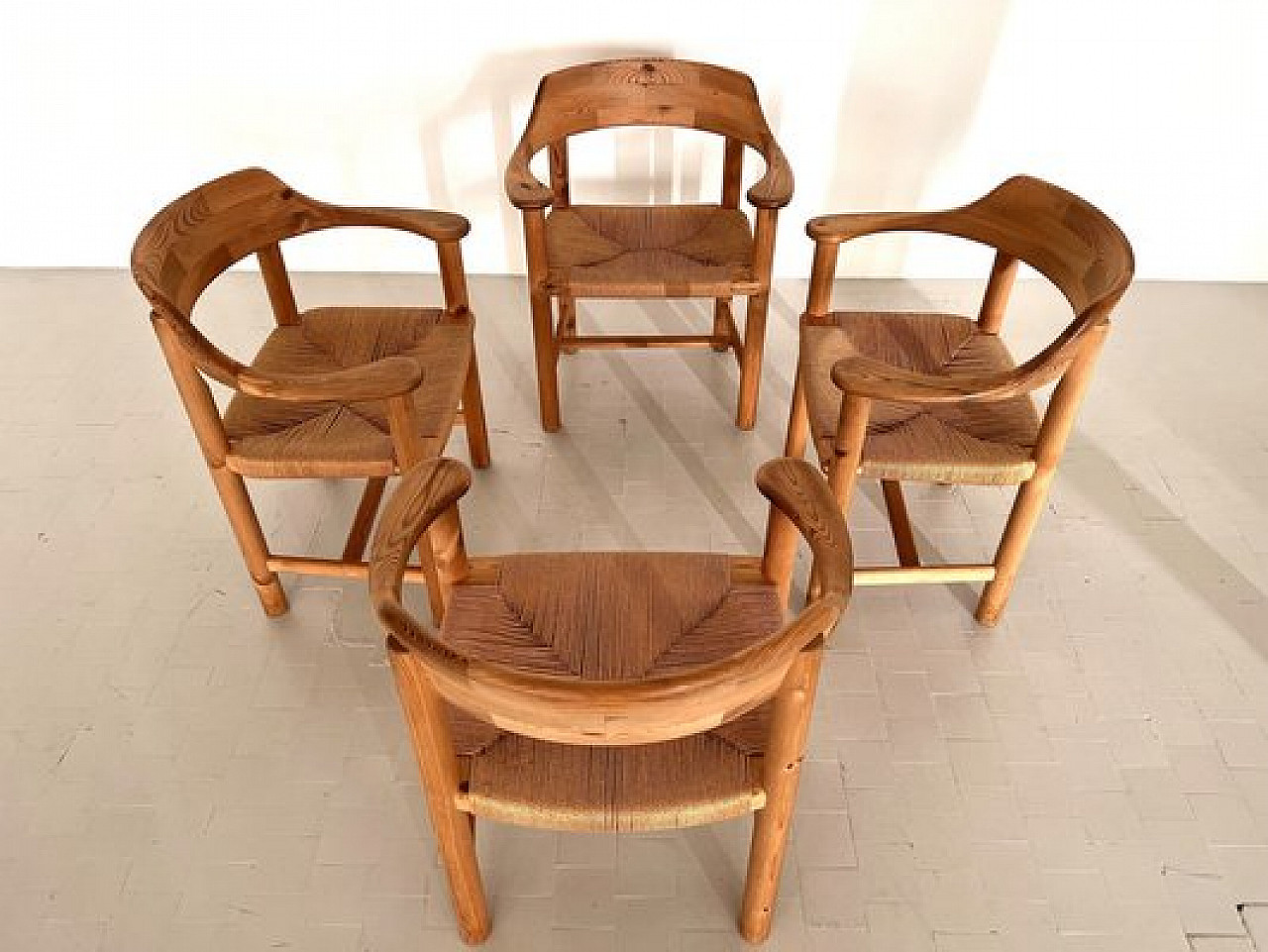 4 Chairs in pinewood and paper cord by Rainer Daumiller, 1970s 6