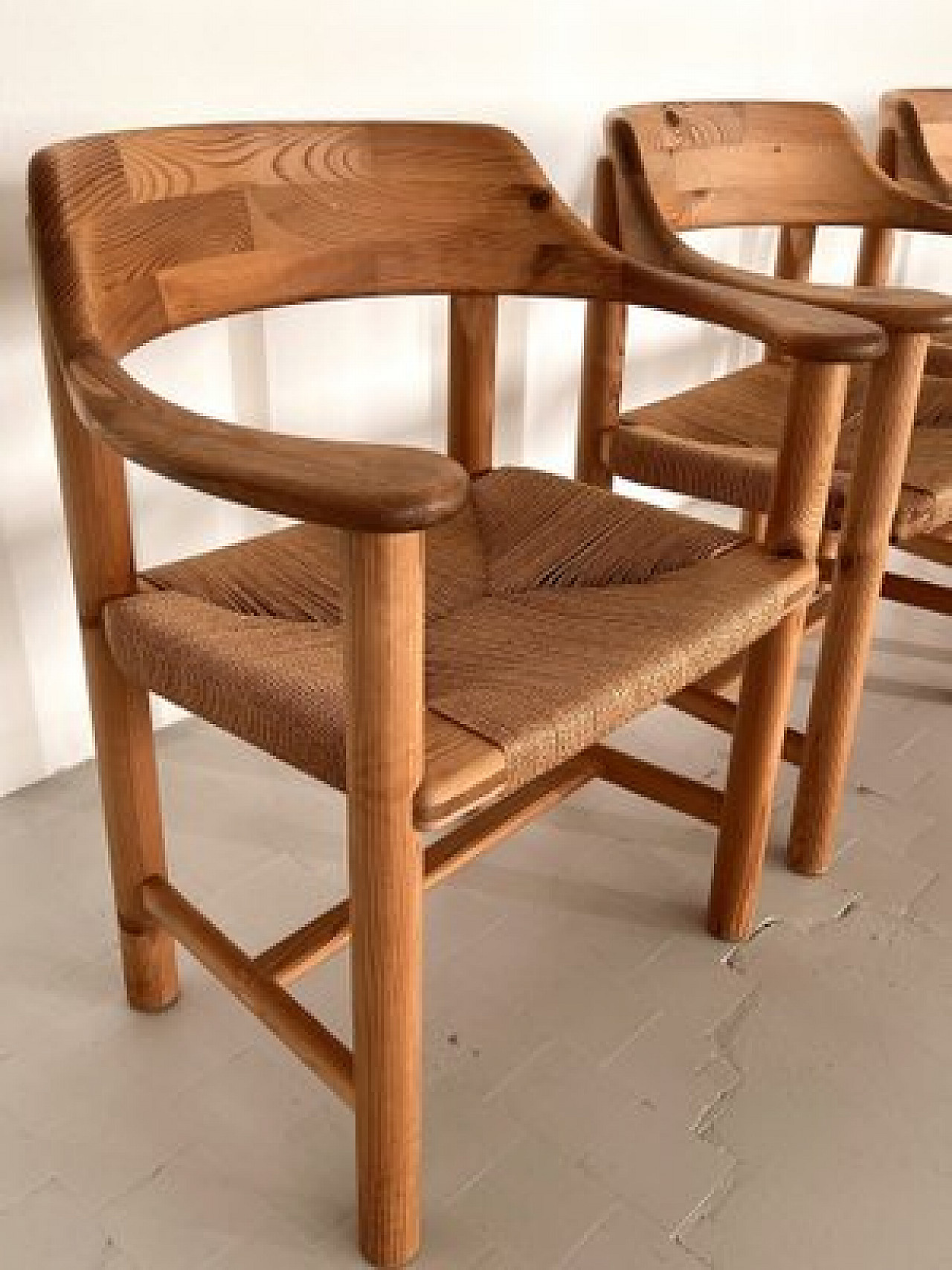 4 Chairs in pinewood and paper cord by Rainer Daumiller, 1970s 7