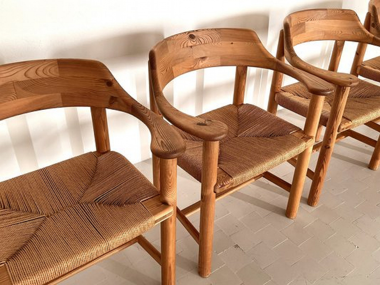 4 Chairs in pinewood and paper cord by Rainer Daumiller, 1970s 8