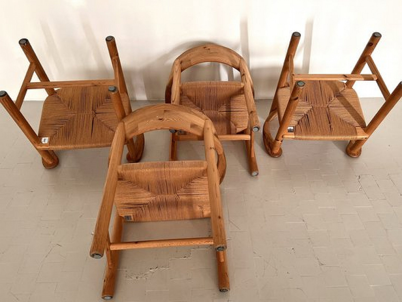 4 Chairs in pinewood and paper cord by Rainer Daumiller, 1970s 9