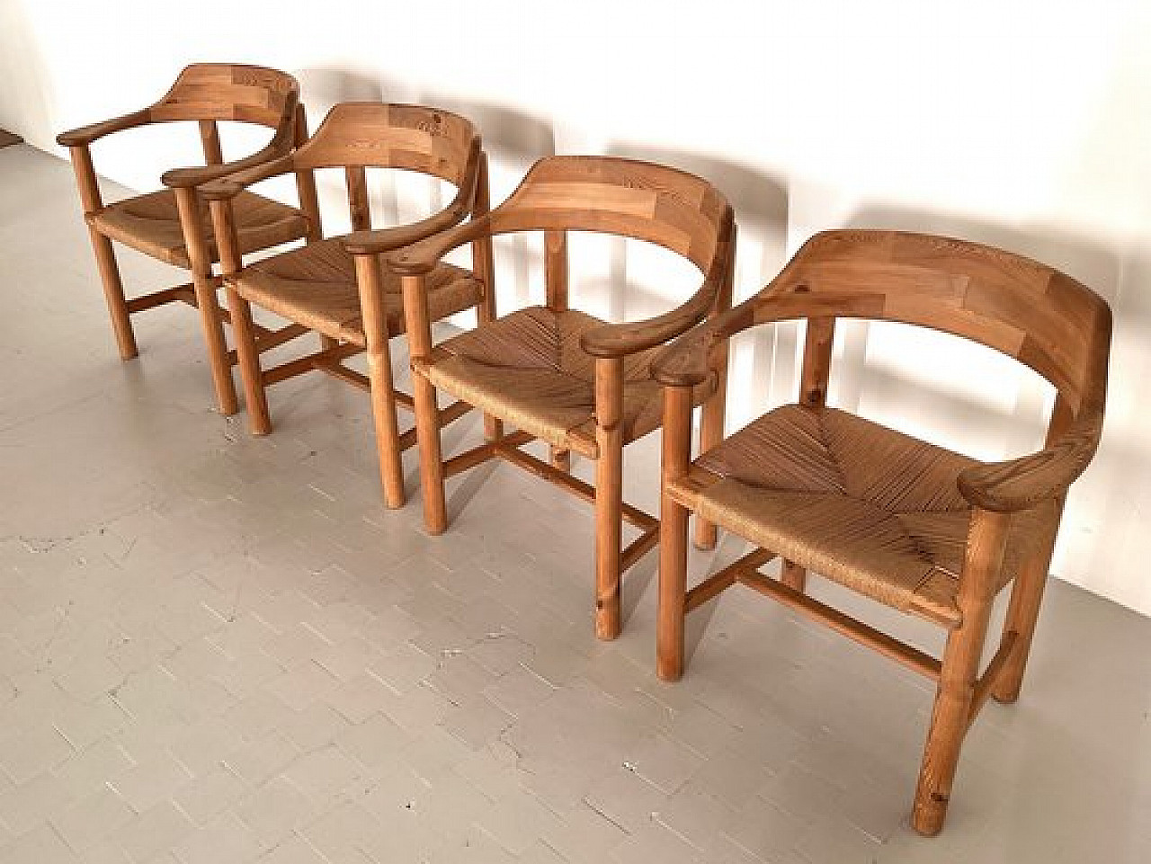 4 Chairs in pinewood and paper cord by Rainer Daumiller, 1970s 12