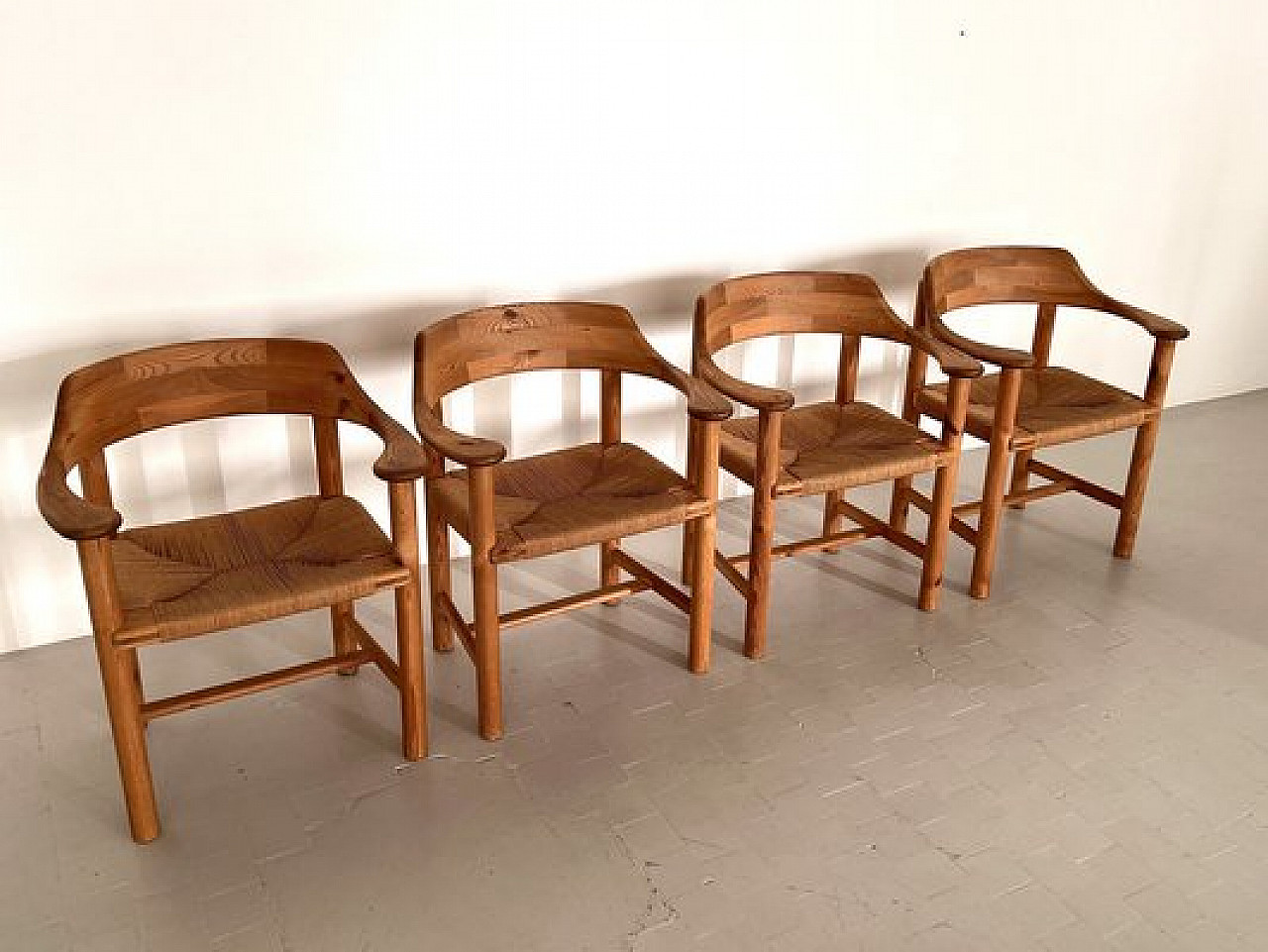 4 Chairs in pinewood and paper cord by Rainer Daumiller, 1970s 13