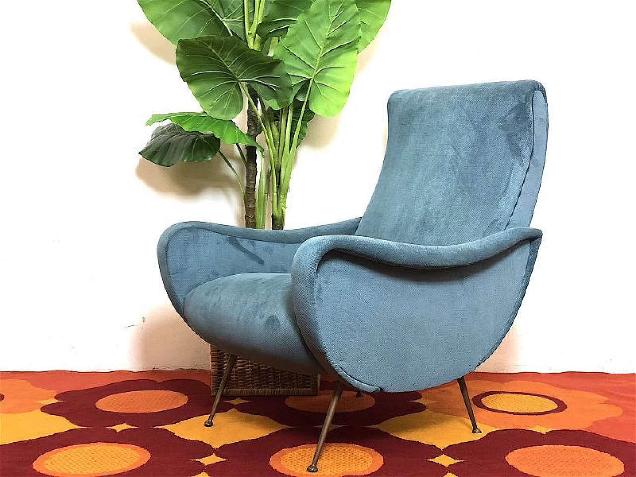 Brass and blue velvet Lady armchair by Marco Zanuso, 1950s 1